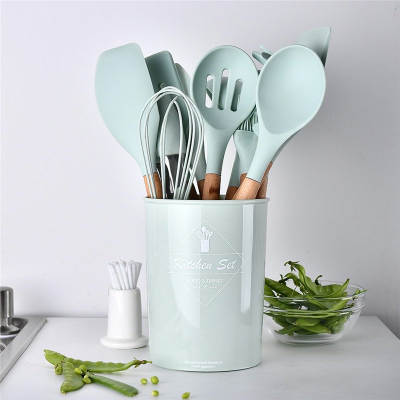 Kit Utensílios De Cozinha Em Silicone E Cabo Madeira